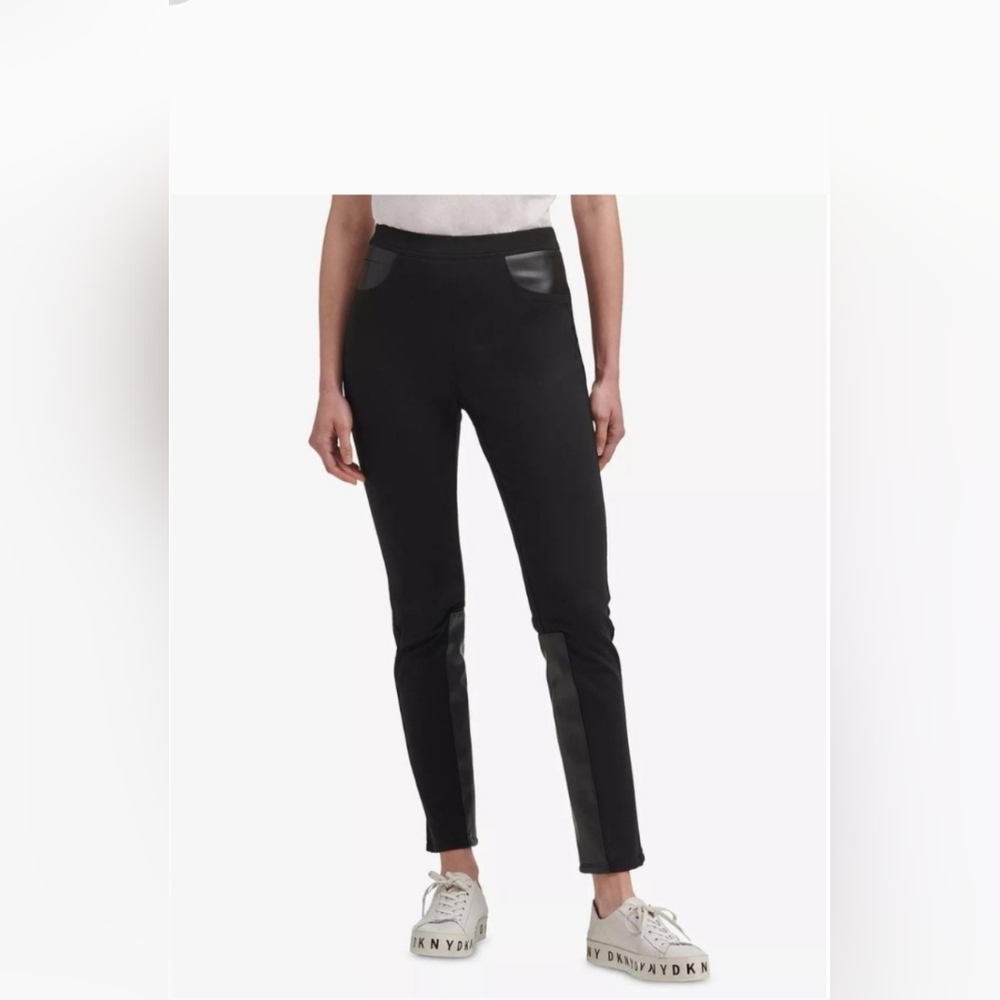 DKNY Black Stretch Pull-On  with Faux Leather Trim — Size L (US)Women’s  pants